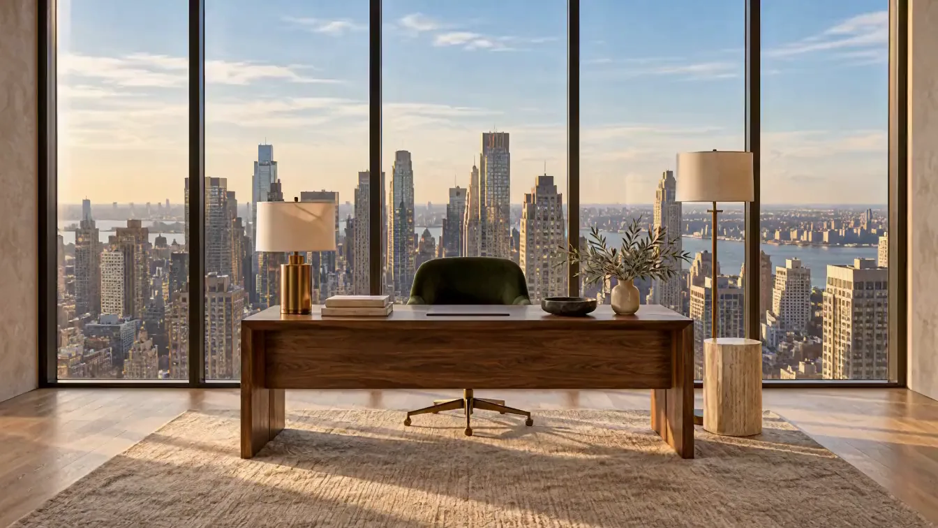 A private office high in a city tower, a walnut desk and green velvet chair before floor-to-ceiling windows, as the skyline turns from day to night.