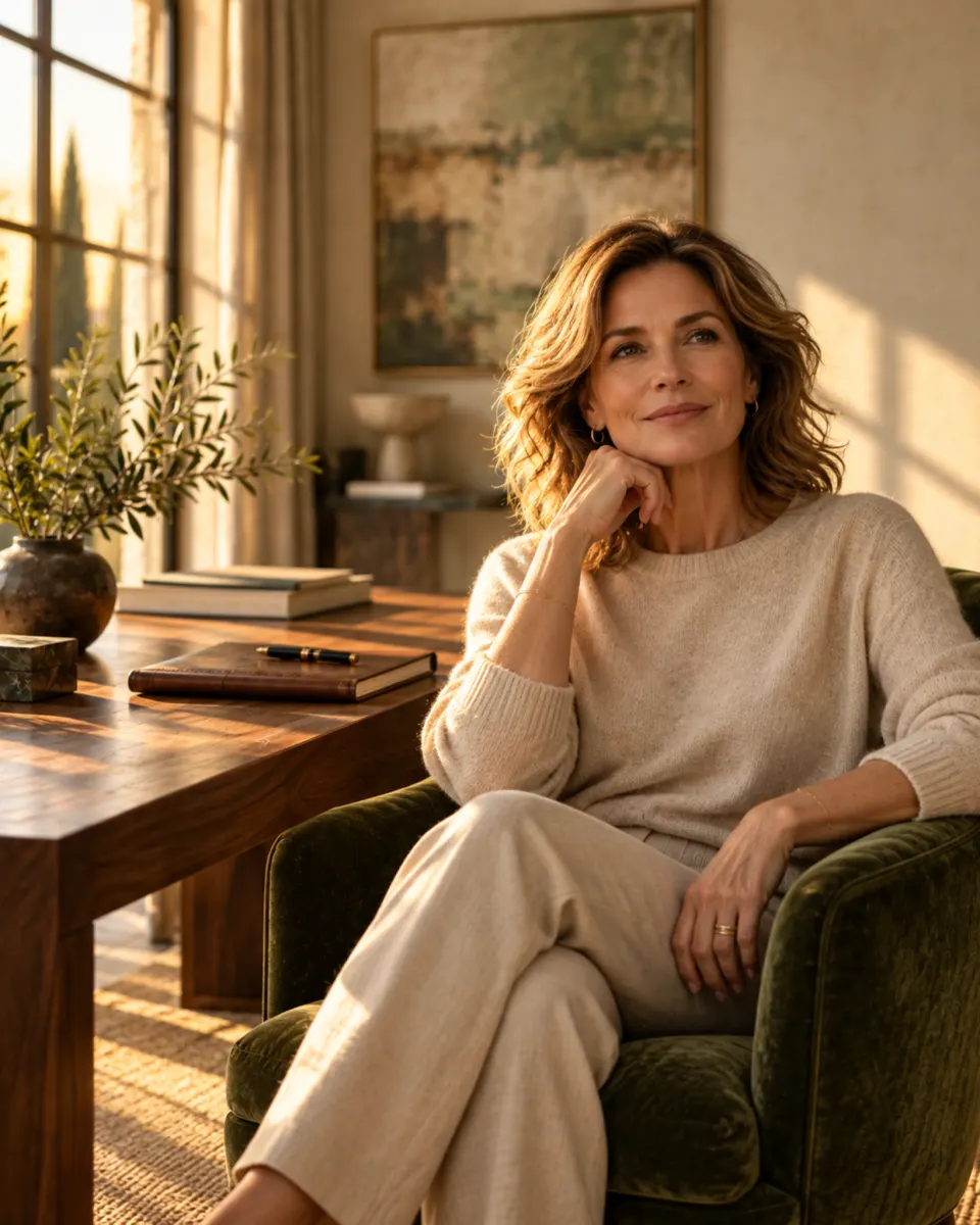 Claire, a founder, seated in a green velvet chair in a sunlit study.