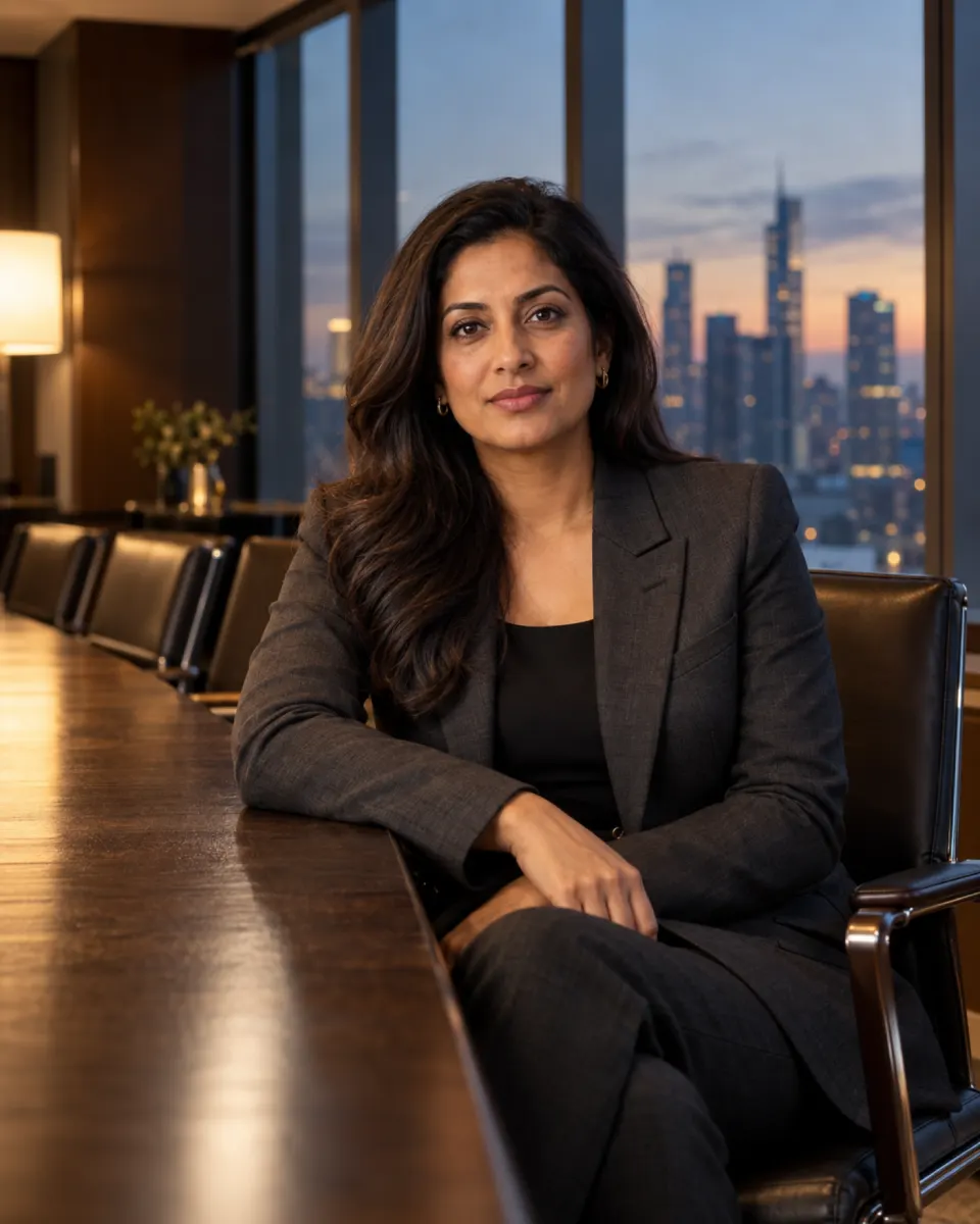 Priya, head of operations at an advisory firm, seated at a boardroom table at dusk.